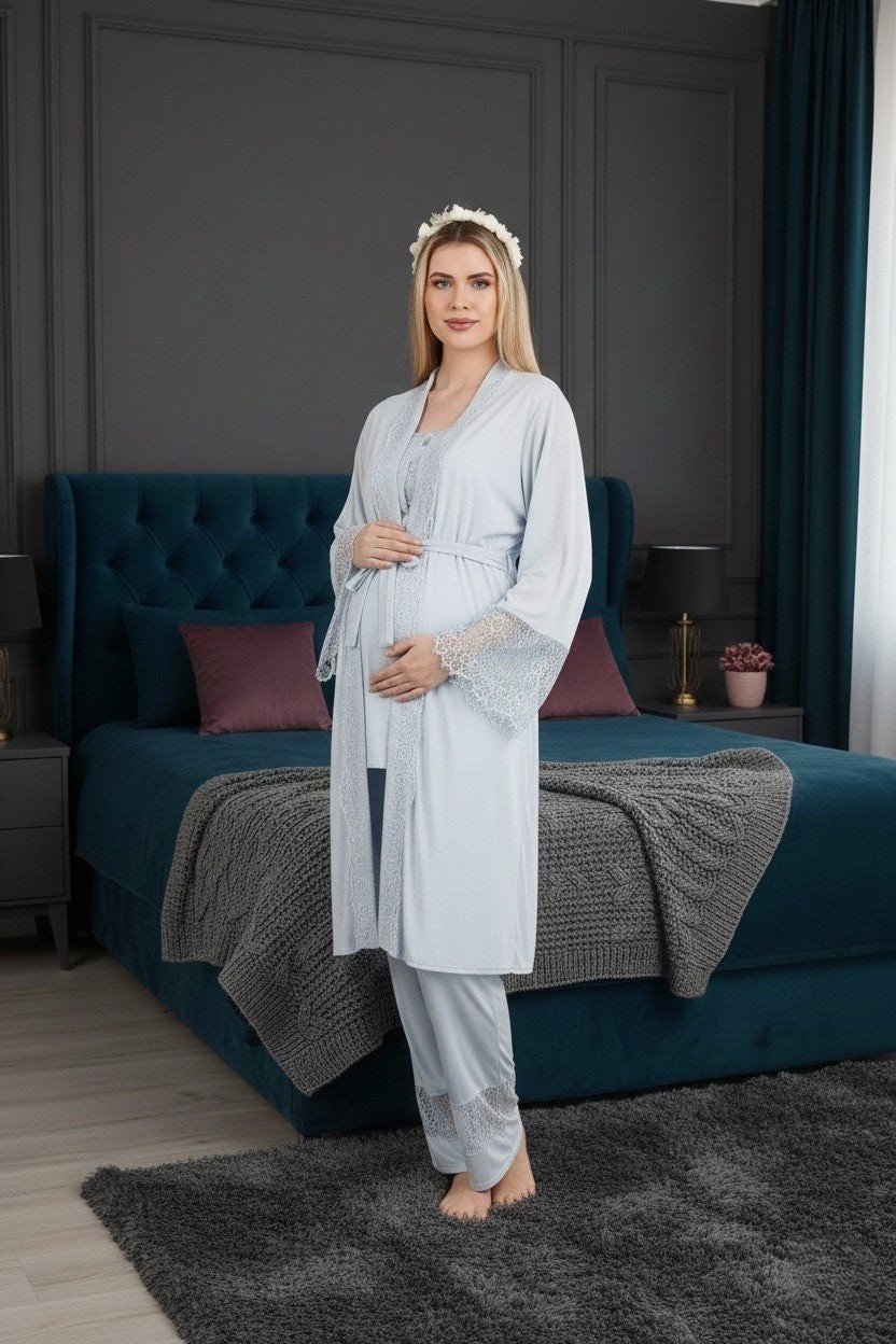 raia Yeni Sezon Pudra Düğmeli Dantelli Yazlık Kısa Kol Tasarım Hamile Lohusa Sabahlık Pijama Takımı Seti görsel 6