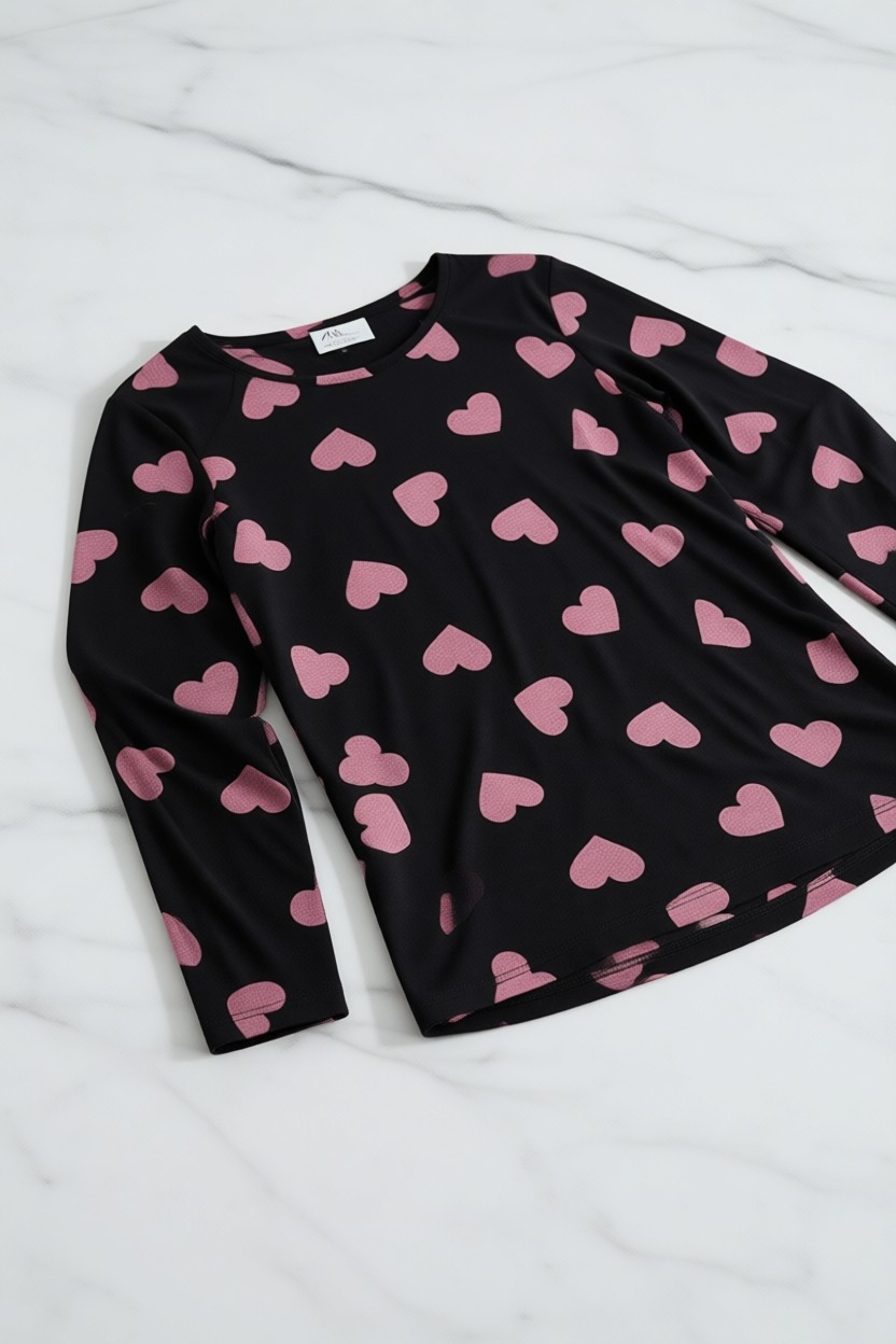 Siyah İnci Kadın Pijama Takımı Pamuklu Siyah Pembe Kalp Desenli Rahat ve Şık Tasarım görsel 5