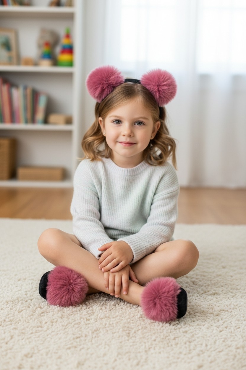 Süslü Kadife Taçlı Çocuk Babeti, Hediye, Günlük Babet,tüylü Babet, Panduf, Patik, Gösteri Pisi Pisi Ponpon