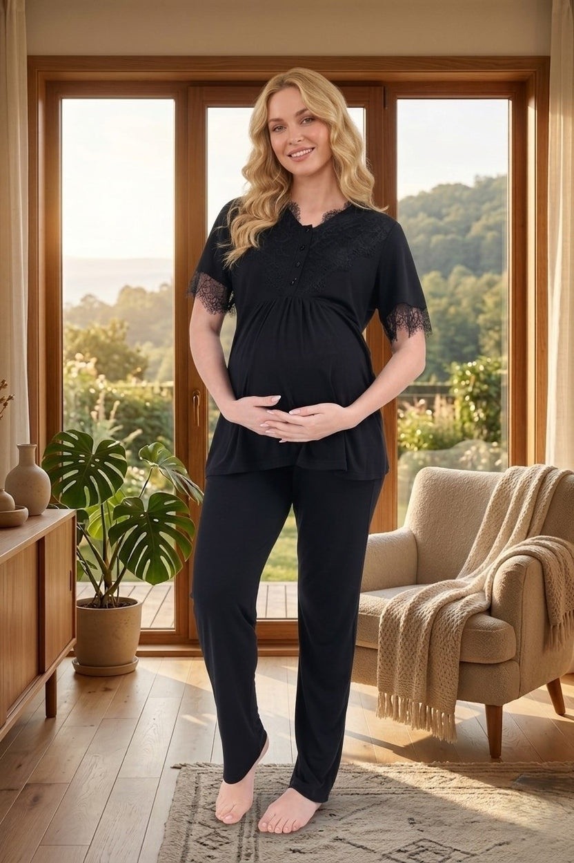 raia Yeni Sezon Siyah Şık Dantelli Yazlık Desenli Kısa Kol Hamile Lohusa Sabahlık Pijama Takım 3lü Set görsel 2