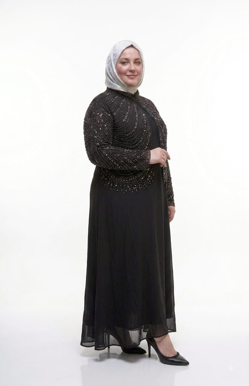 Döne Kadın Büyük Beden Taş Işlemeli Ikili Abaya/abiye Elbise