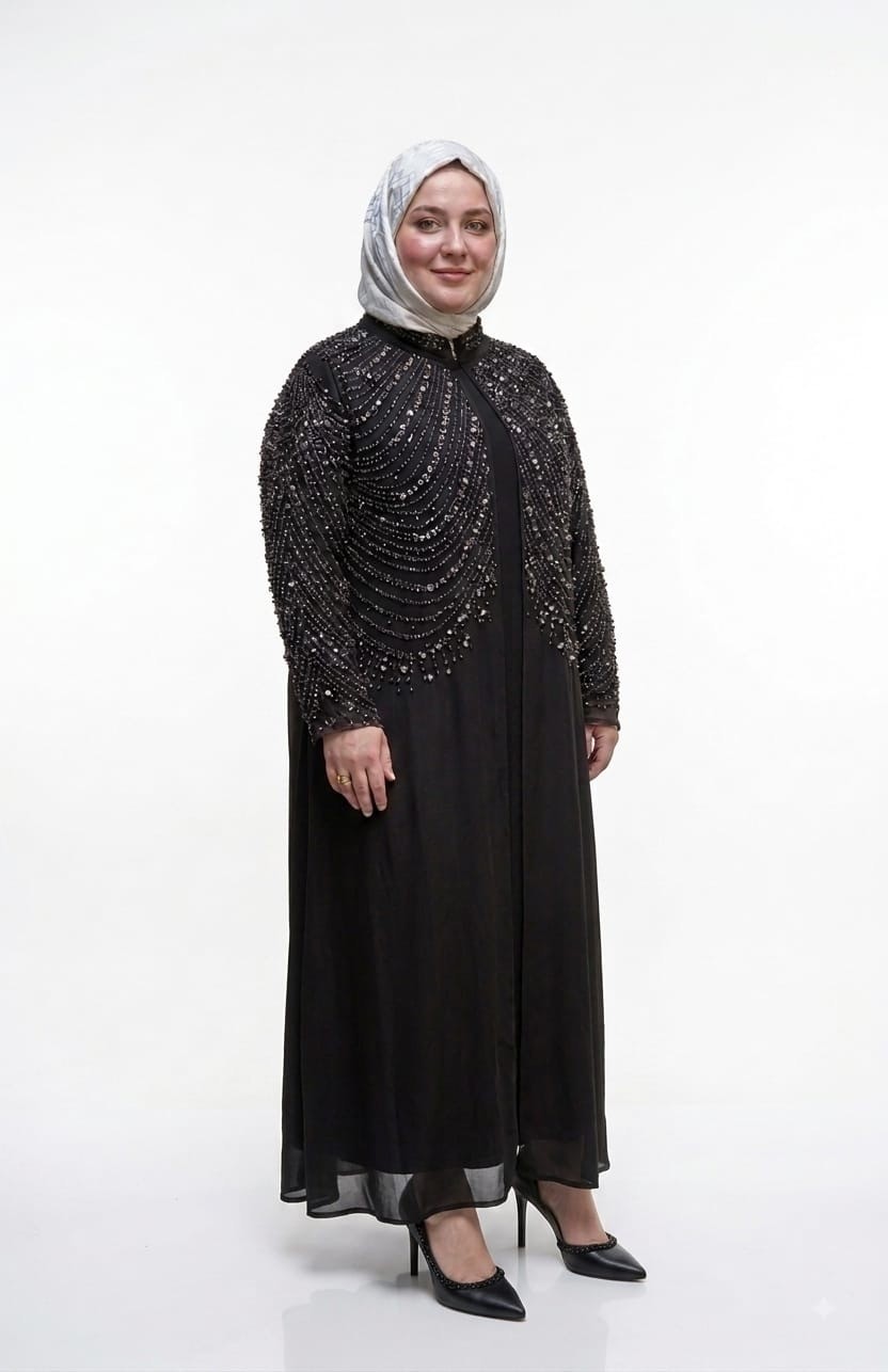 Döne Kadın Büyük Beden Taş Işlemeli Ikili Abaya/abiye Elbise görsel 2