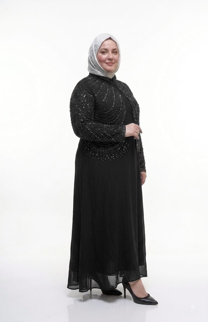 Döne Kadın Büyük Beden Taş Işlemeli Ikili Abaya/abiye Elbise görsel 4