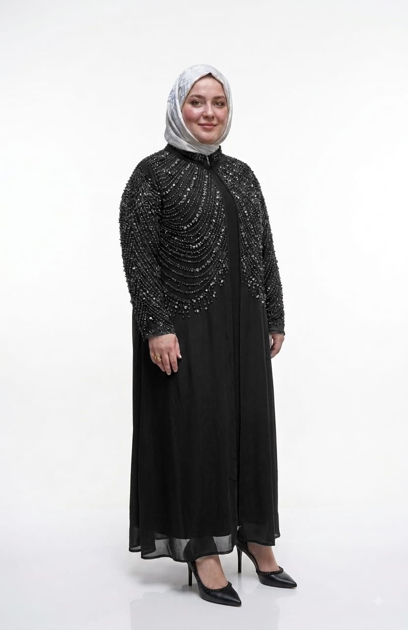 Döne Kadın Büyük Beden Taş Işlemeli Ikili Abaya/abiye Elbise görsel 5