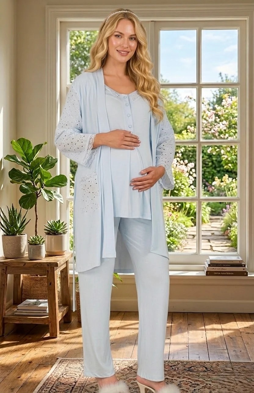 raia Yeni Sezon Mavi Kısa Kol Fisto Keten Detaylı Tasarım Yazlık Hamile Lohusa Sabahlık Pijama Takım Set görsel 8