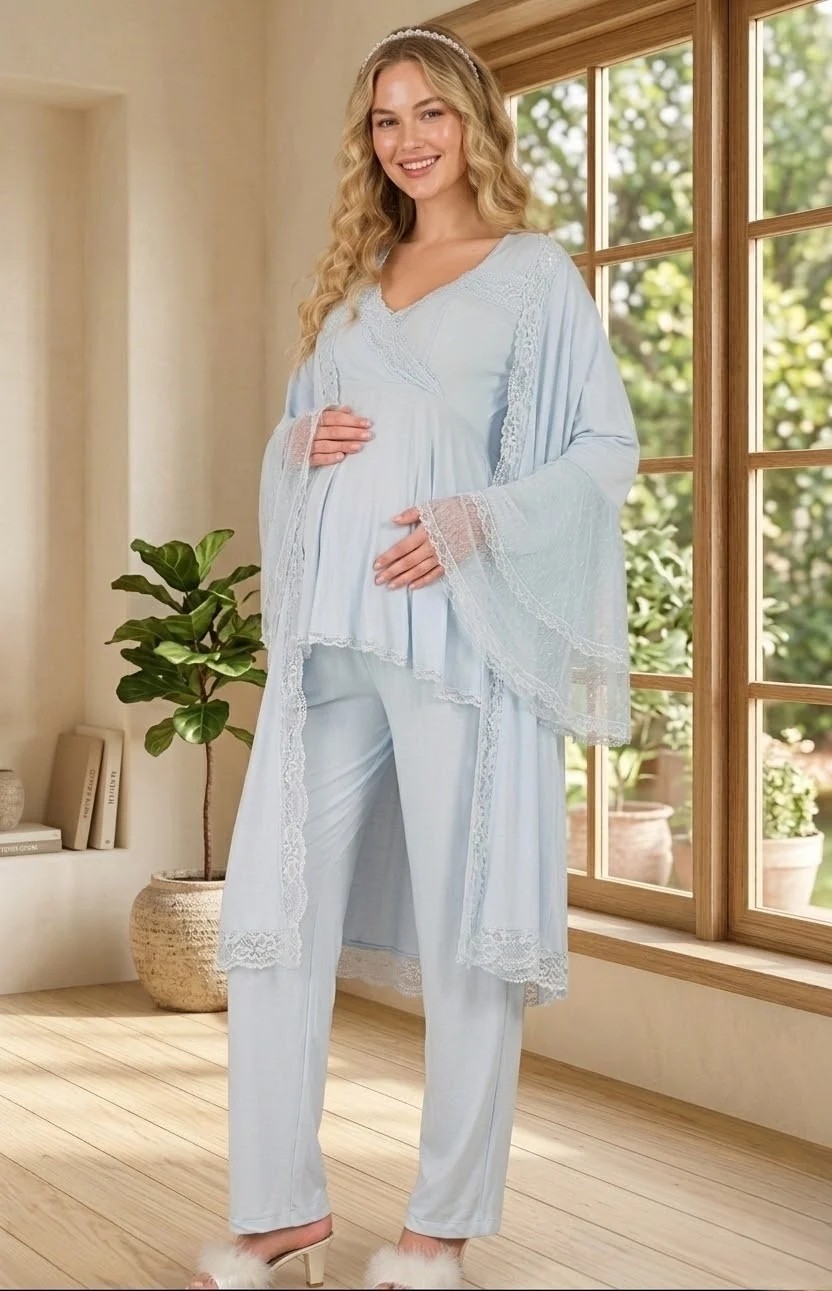 raia Yeni Sezon Mavi Hamile Şık Dantel Detaylı Emzirme Özellik Tasarım Yazlık Sabahlık Pijama Takım Seti