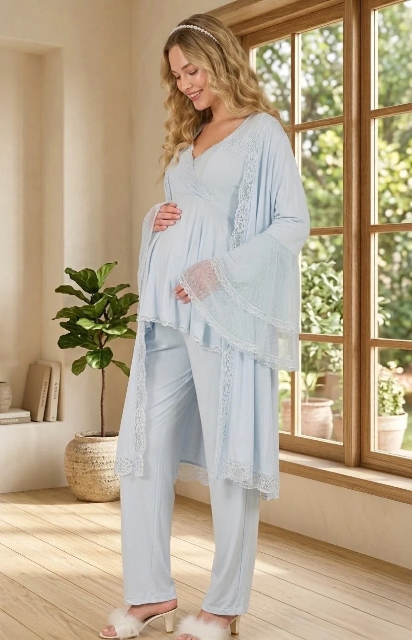raia Yeni Sezon Mavi Hamile Şık Dantel Detaylı Emzirme Özellik Tasarım Yazlık Sabahlık Pijama Takım Seti görsel 5