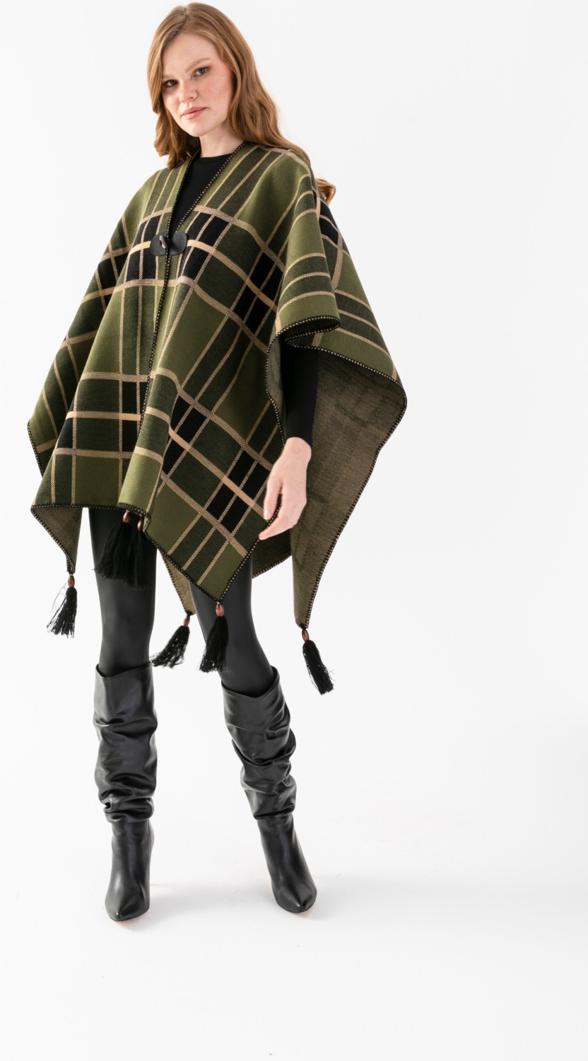 Wega Moda Çizgili Desenli Panço, Balıkçı Dikişli Düğme Detaylı Panço, Dış Giyim Panço, Triko Örğü Şık Panço
