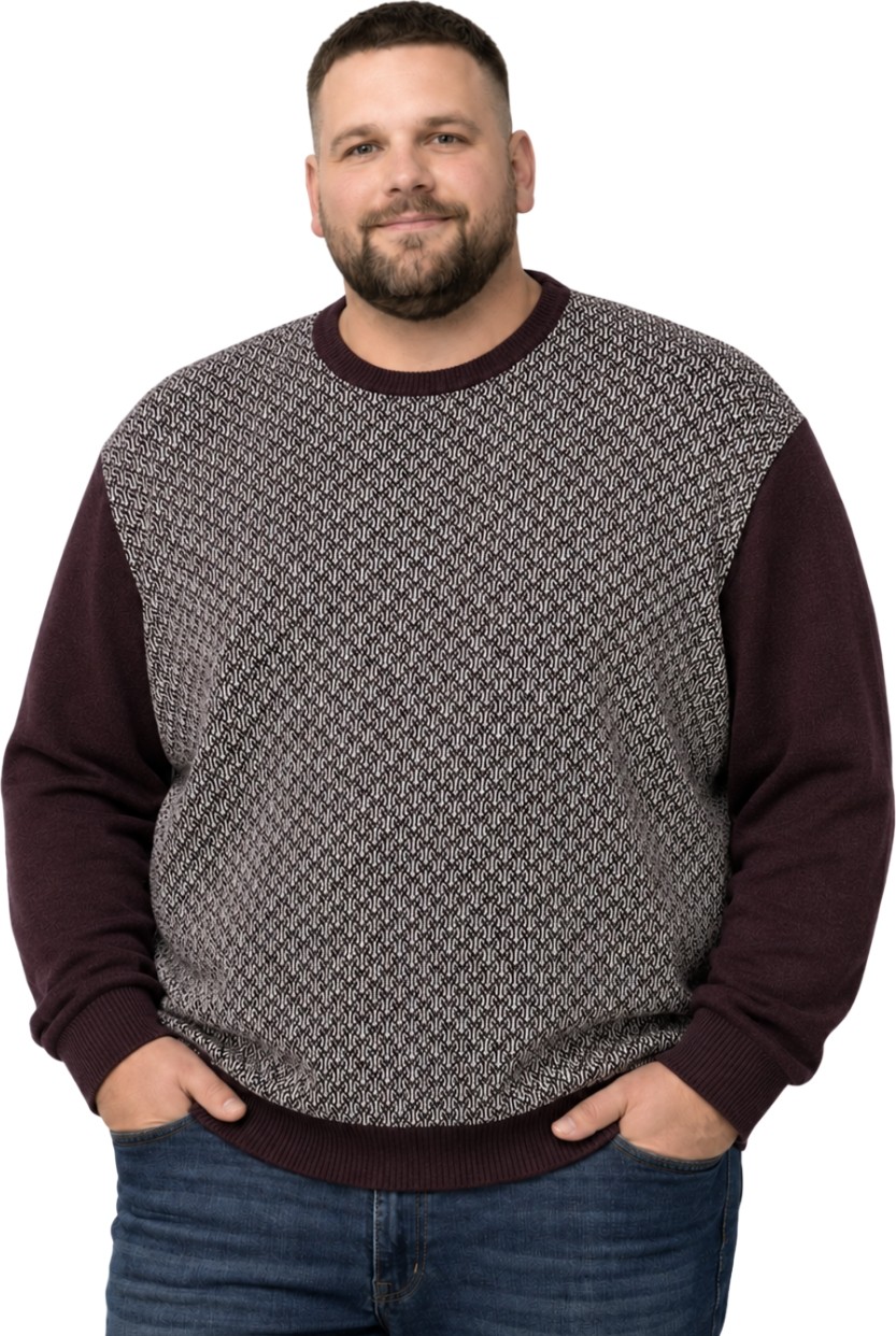 Battal Moda Erkek Büyük Beden Bordo Bisiklet Yaka Motif Triko Kazak 3xl-4xl-5xl-6xl