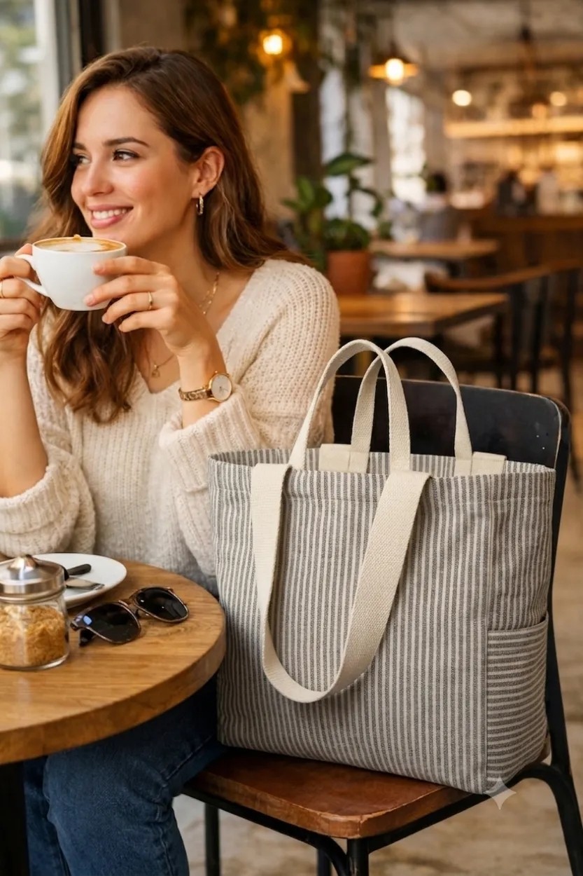 Faralya Life Çıtçıtlı Çift Saplı Kısa ve Uzun Sap Siyah Çizgili %70 Pamuk %30 Polyester Çift Cepli 50*42 Ölçüde Omuz Çantası Çok Amaçlı Kadın Çanta Plaj Çantası görsel 2