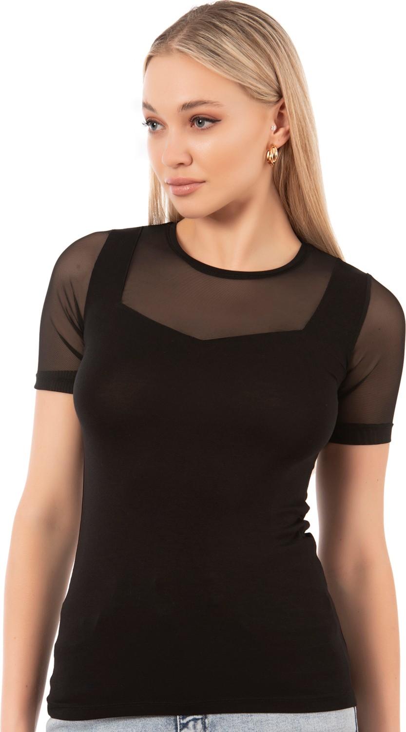 Özkan Underwear Özkan 26981 Kadın Premium Yumuşak Rahat Kumaş Ring Viskon Bisiklet Yaka Tül Detaylı Kısa Kollu Örme Bluz görsel 3