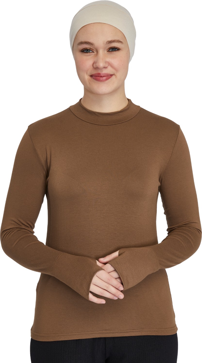 Manolyaşal İslamic Hijab Hafif Balıkçı Yakalı Parmak Geçmeli Likralı Organik Kadın Body - Açık Çikolata - L-XL görsel 2