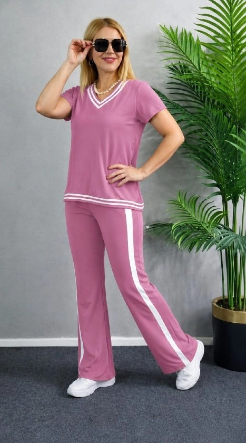 Pileli Store Kadın Kısa Kollu V Yakalı Viskon Iki Iplik Bluz ve Pantolon Ikili Takım görsel 2