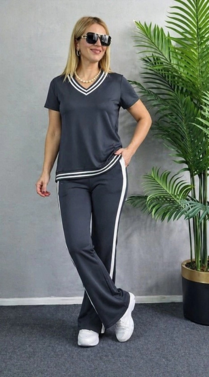 Pileli Store Kadın Kısa Kollu V Yakalı Viskon Iki Iplik Bluz ve Pantolon Ikili Takım görsel 3