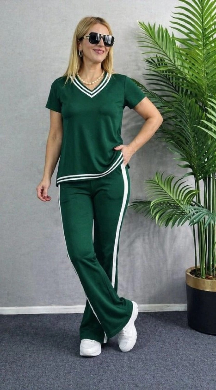 Pileli Store Kadın Kısa Kollu V Yakalı Viskon Iki Iplik Bluz ve Pantolon Ikili Takım görsel 2
