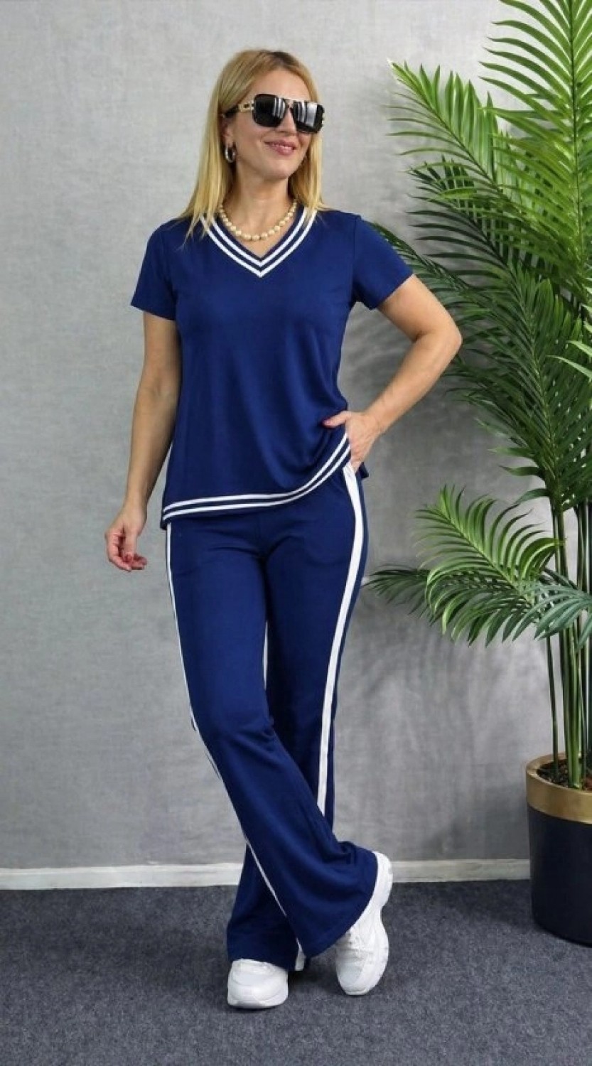 Pileli Store Kadın Kısa Kollu V Yakalı Viskon Iki Iplik Bluz ve Pantolon Ikili Takım görsel 2