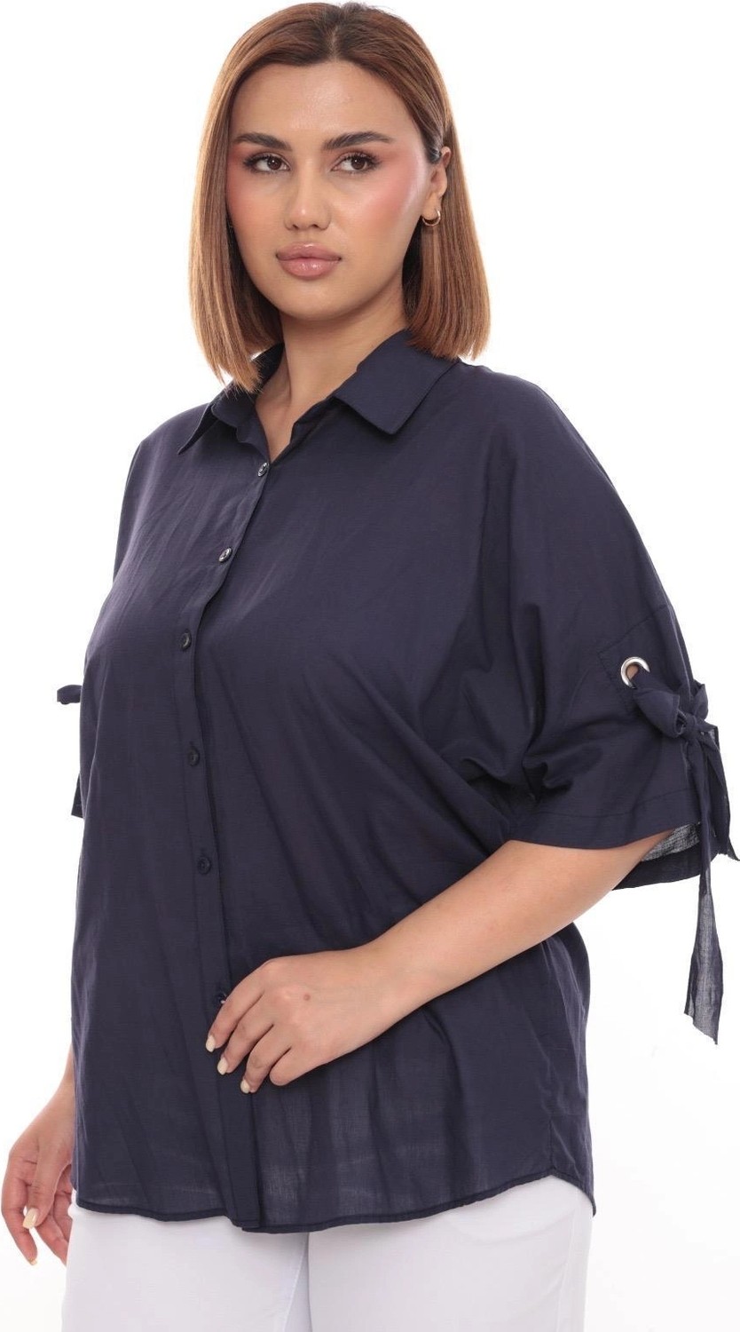 Lady Majestic %100 Cotton Büyük Beden Kadın Pamuklu Gömlek Rahat Kesim, Düğmeli, Volan Kol Detaylı