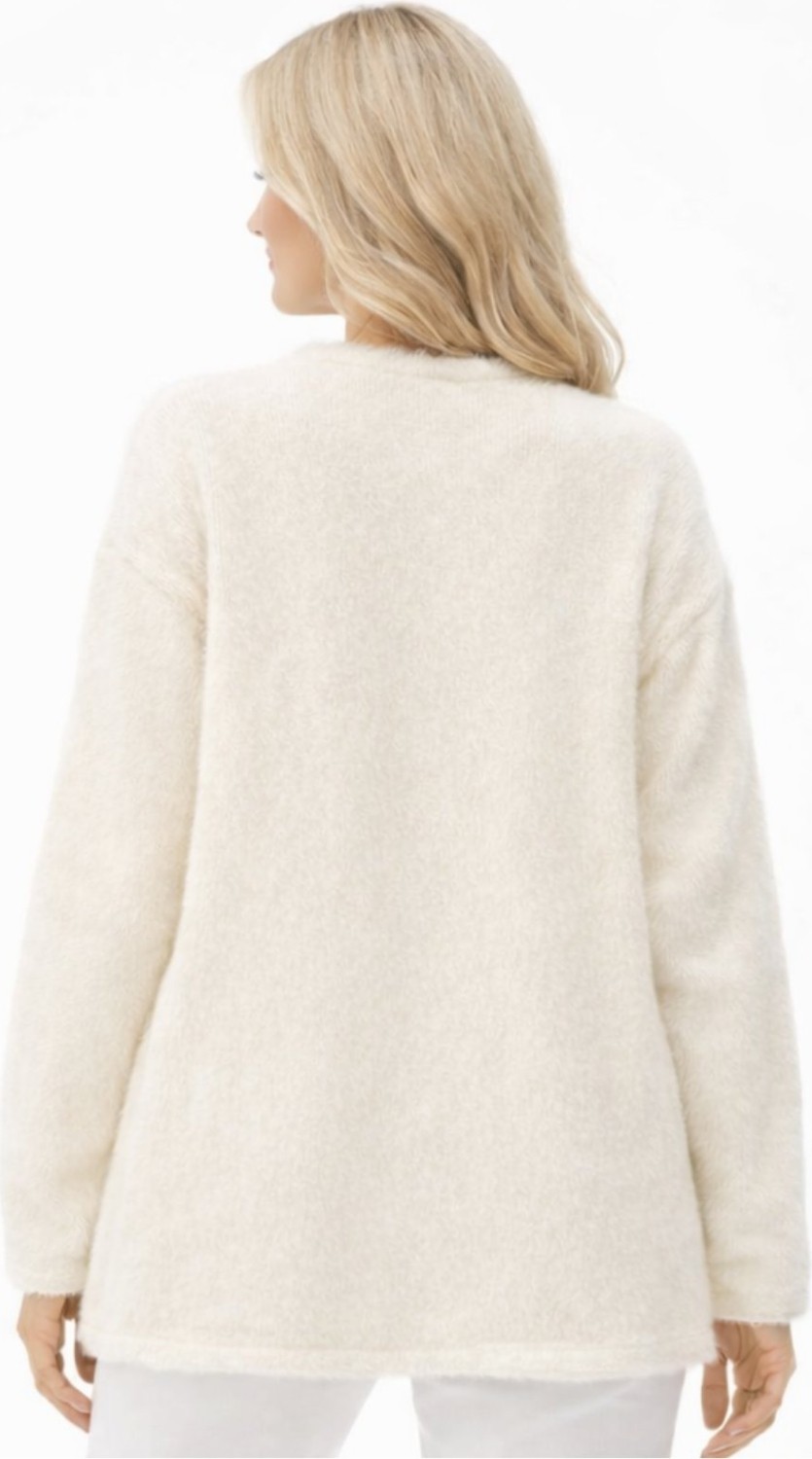 Fresh Moda Kadın Beyaz Angora Çiçek Nakışlı Ince Düğmeli Hırka görsel 3