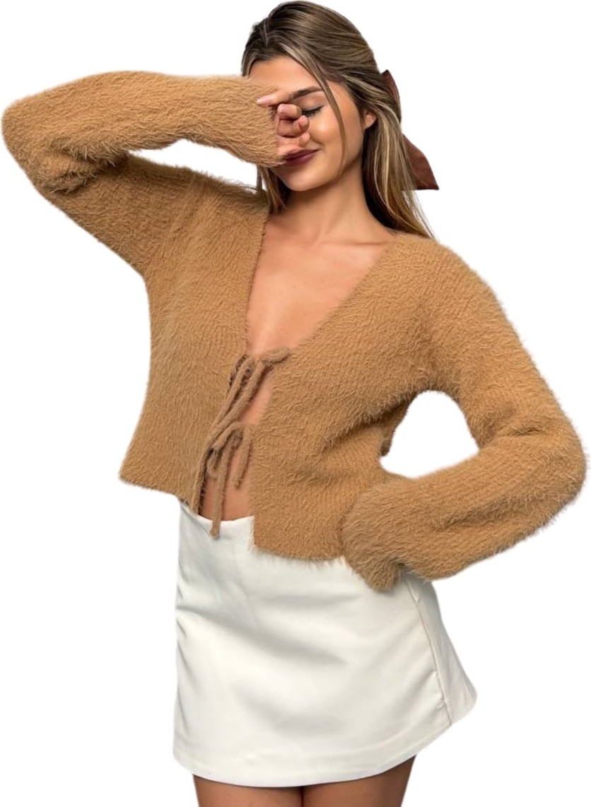 Kechi Woman Sakallı Bağlamalı Camel Renk Triko Hırka, Çok Renkli görsel 2