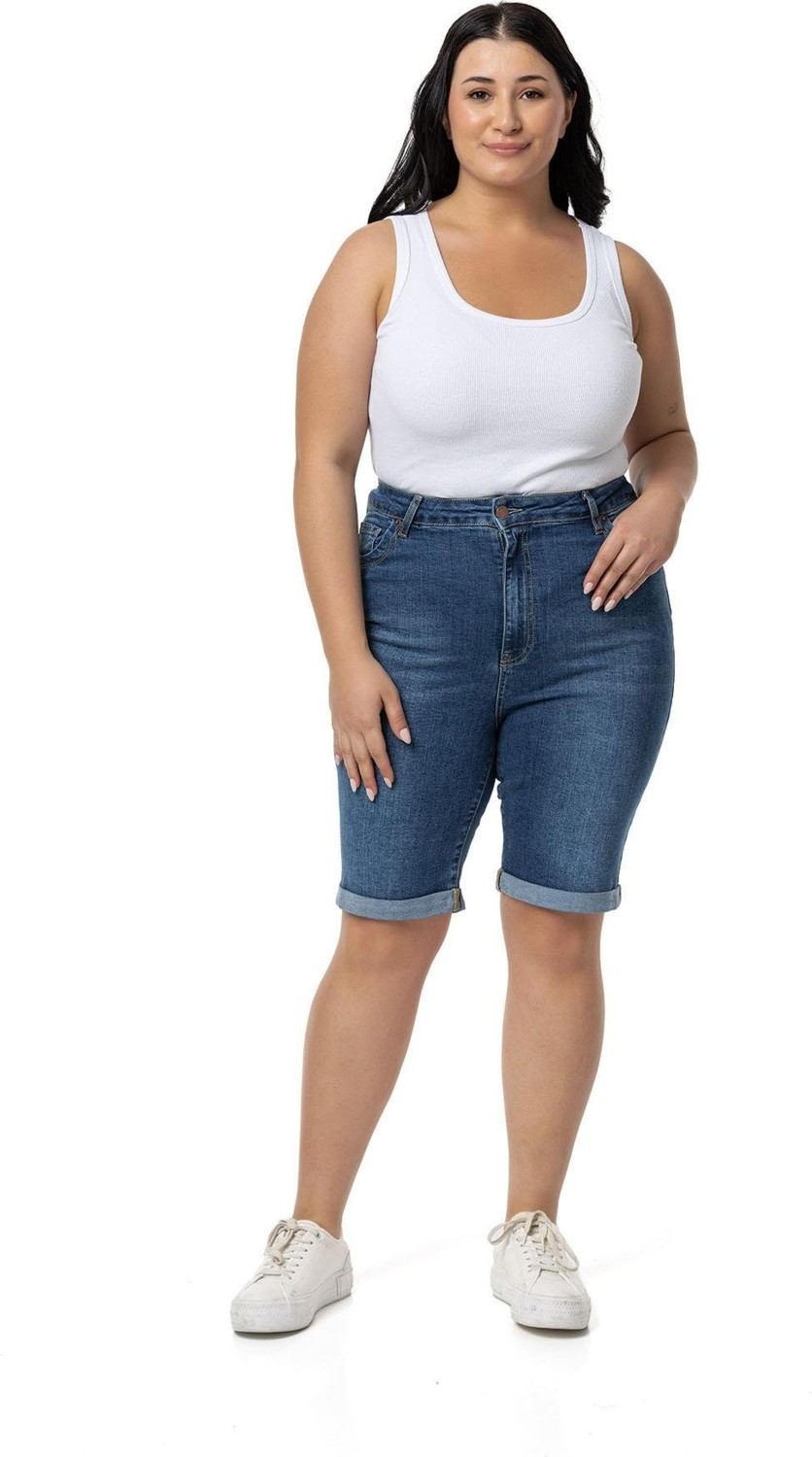 Disentis Modest Büyük Beden Paçası Katlamalı Beş Cepli Denim Mavi Şort görsel 6