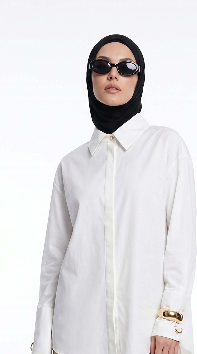 Armine Trend Doğal Kumaş Gizli Patlı Tam Boy Düğmeli Oversize Basic Gömlek Ekru 26YT304