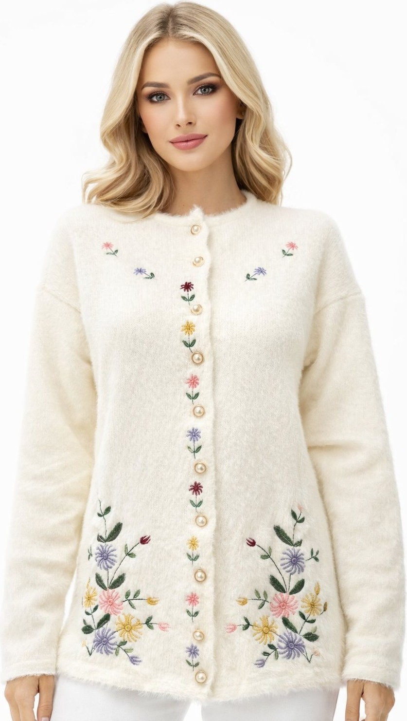 Fresh Moda Kadın Beyaz Angora Çiçek Nakışlı Ince Düğmeli Hırka