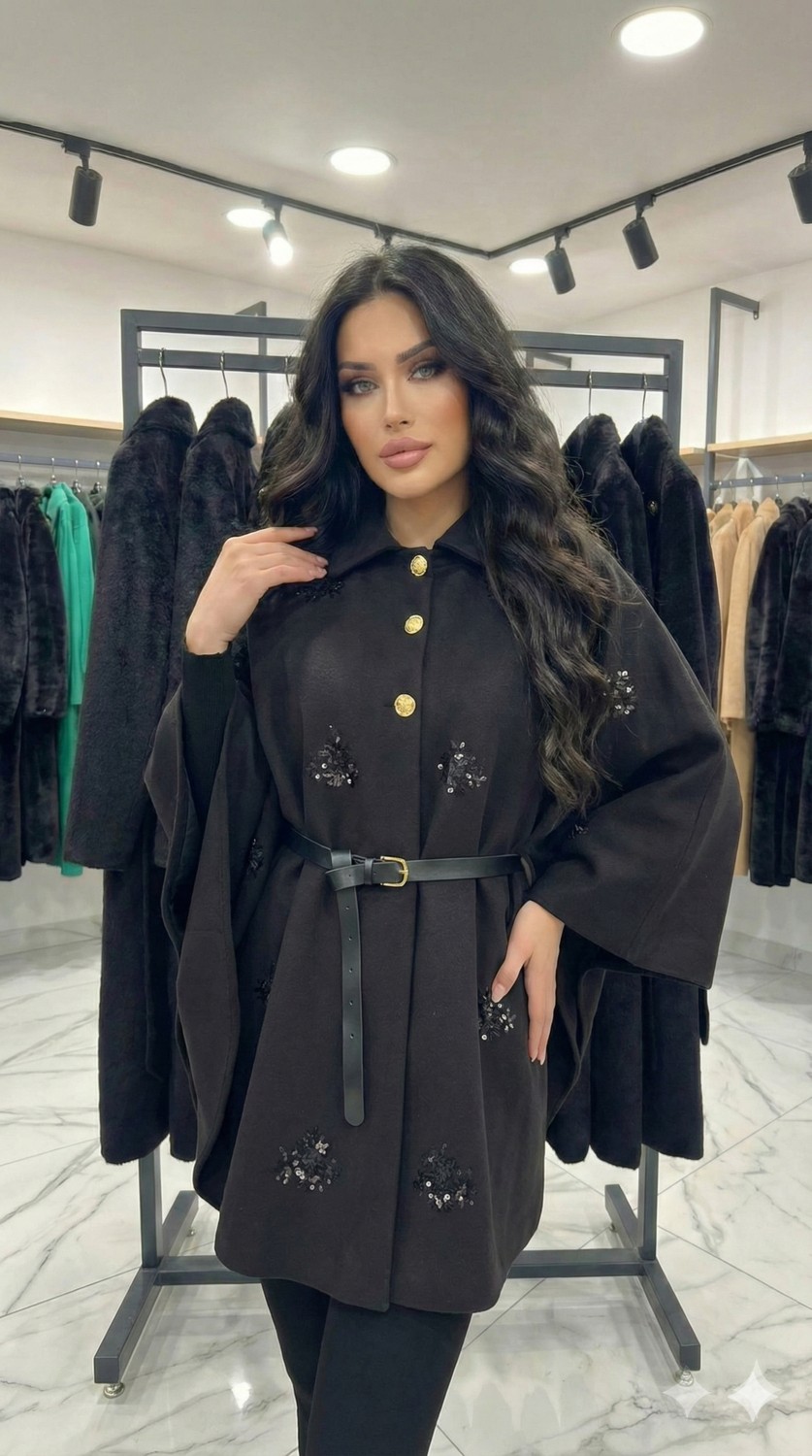 Ribana Classic Kadın Siyah Kemerli Nakışlı Gold Düğme Detaylı Kaşe Pelerin Panço Kaban D99775 görsel 3