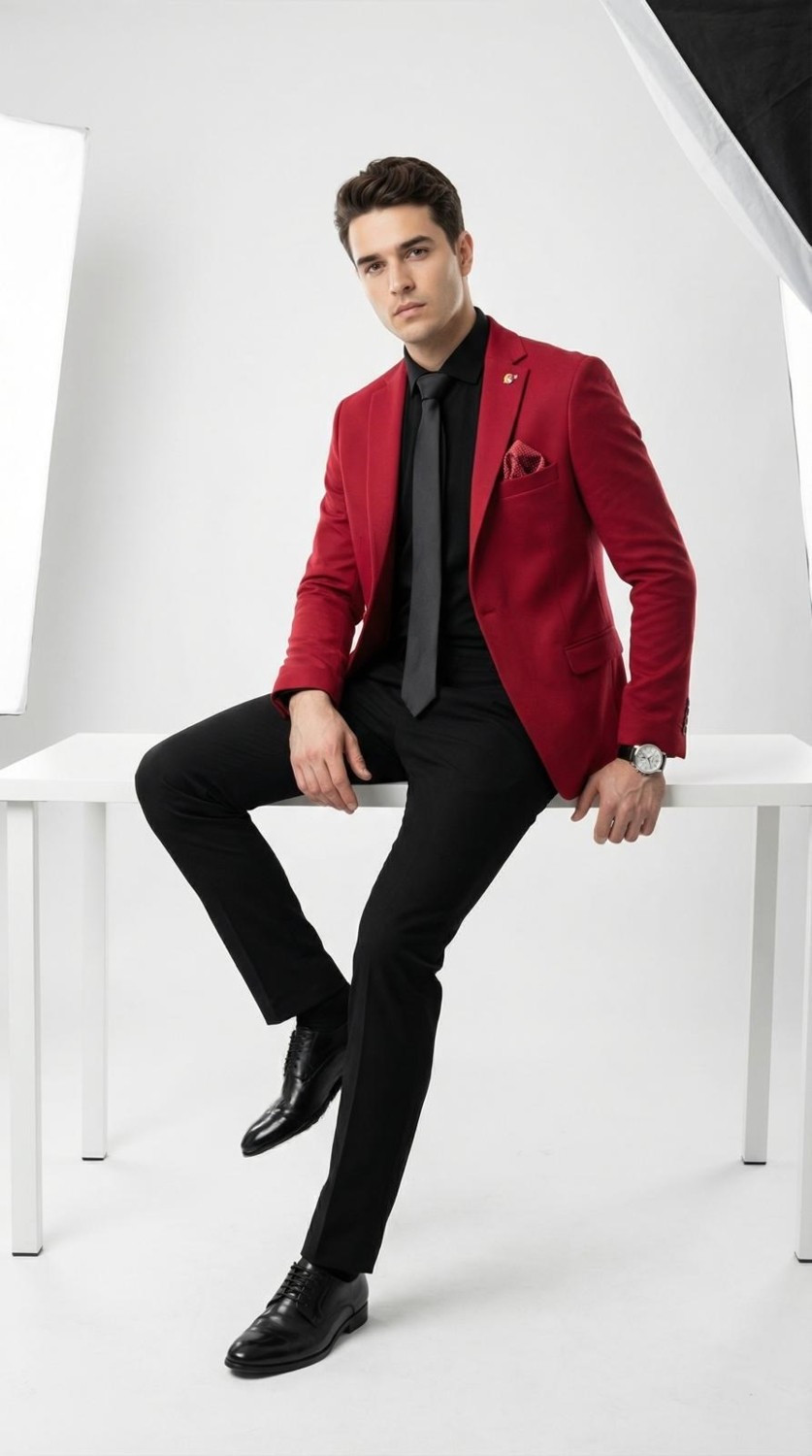 Plus Scorpion Erkek Kırmızı Armürlü Kumaş Blazer Ceket, Tek Düğmeli, Mono Yaka, Çift Yırtmaçlı Slim Fit görsel 3