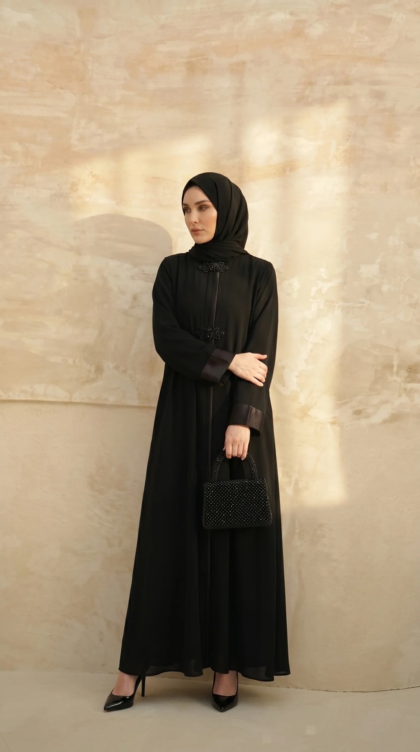 İhvan Online Mevlana Taş Işlemeli Ferace Kloş Kesim Fermuarlı Saten Manşetli Siyah 9587-26