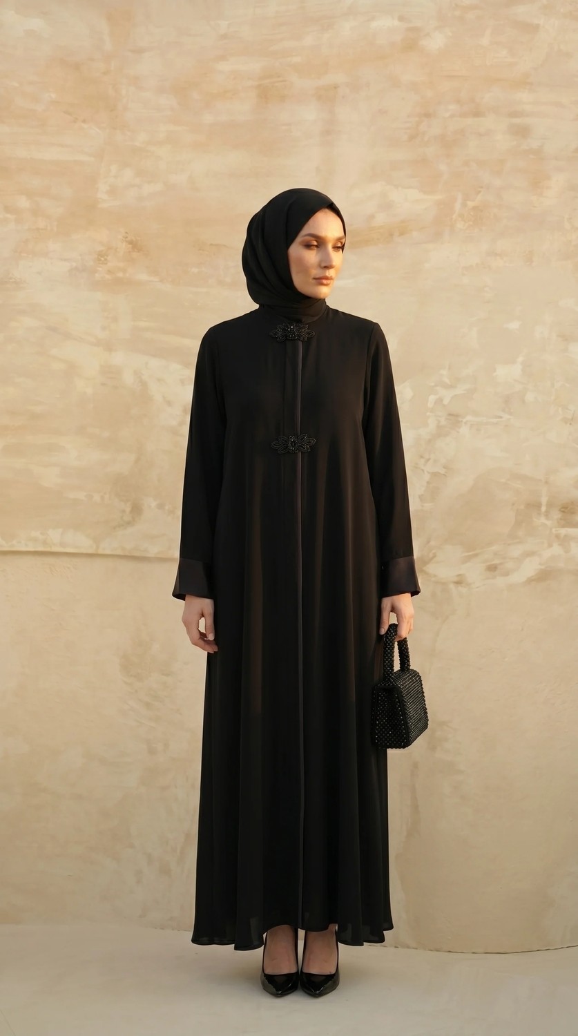 İhvan Online Mevlana Taş Işlemeli Ferace Kloş Kesim Fermuarlı Saten Manşetli Siyah 9587-26 görsel 2