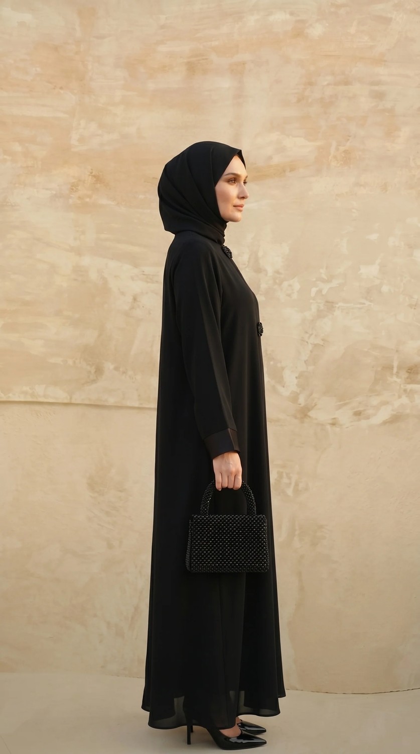 İhvan Online Mevlana Taş Işlemeli Ferace Kloş Kesim Fermuarlı Saten Manşetli Siyah 9587-26 görsel 3