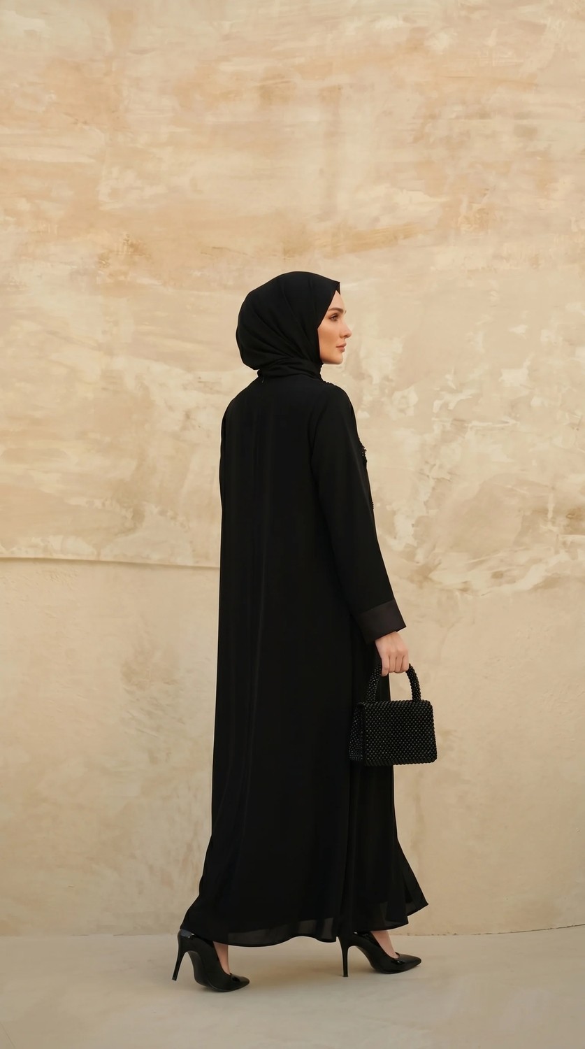 İhvan Online Mevlana Taş Işlemeli Ferace Kloş Kesim Fermuarlı Saten Manşetli Siyah 9587-26 görsel 4