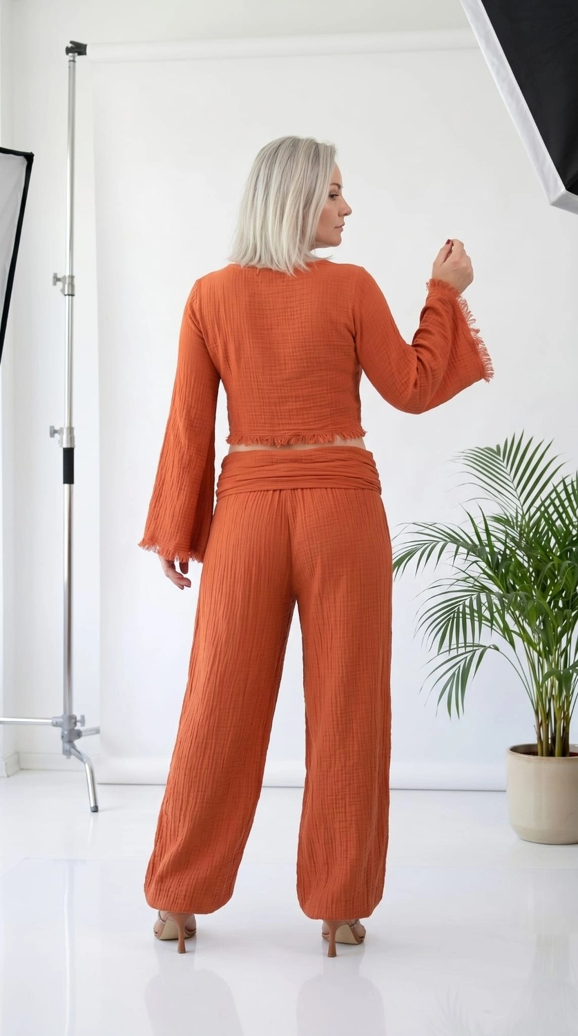 Byemelika %100 Pamuk, Bürümcük, Paça Lastik Detay Bohem Büstiyer & Pantolon Takım (Turuncu) görsel 4