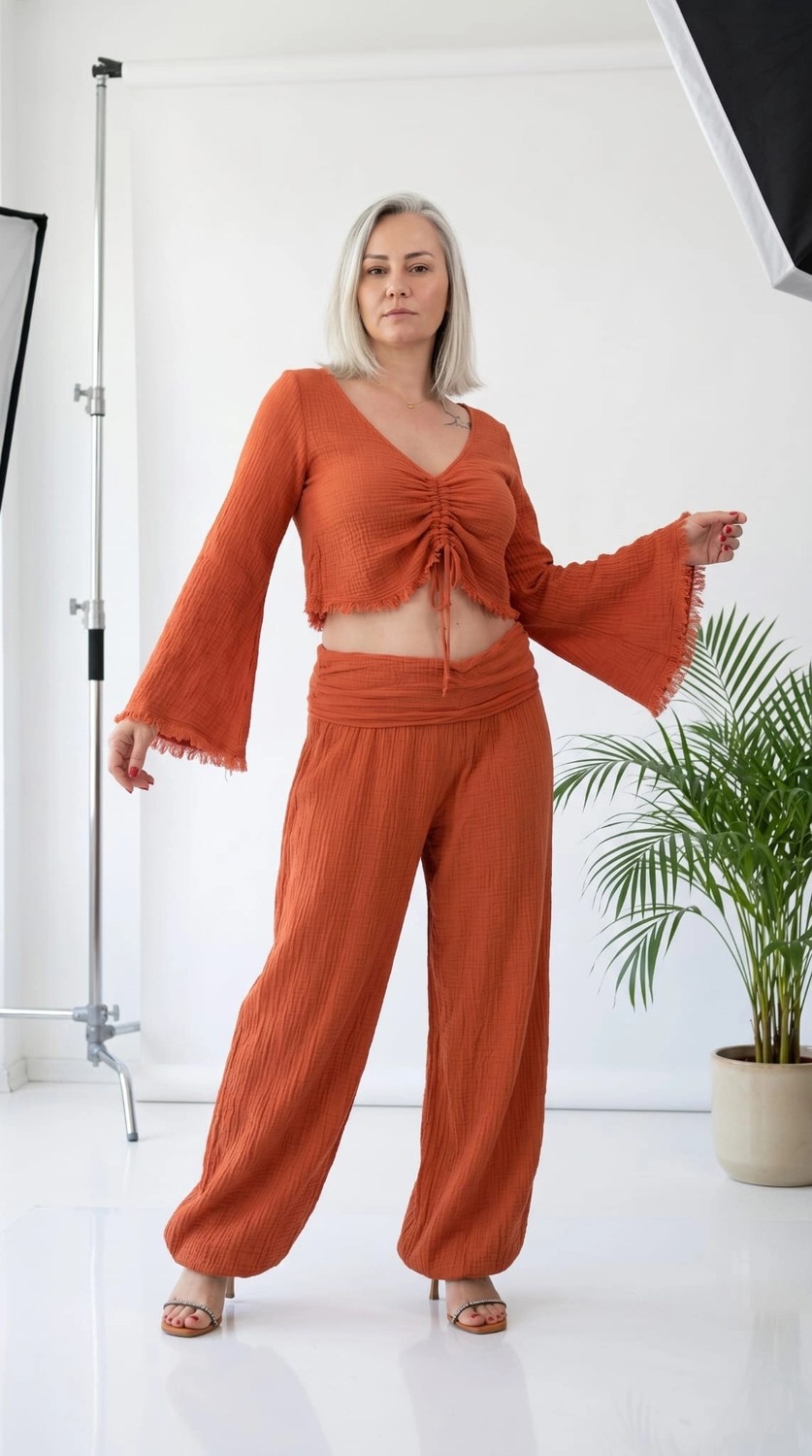 Byemelika %100 Pamuk, Bürümcük, Paça Lastik Detay Bohem Büstiyer & Pantolon Takım (Turuncu) görsel 5