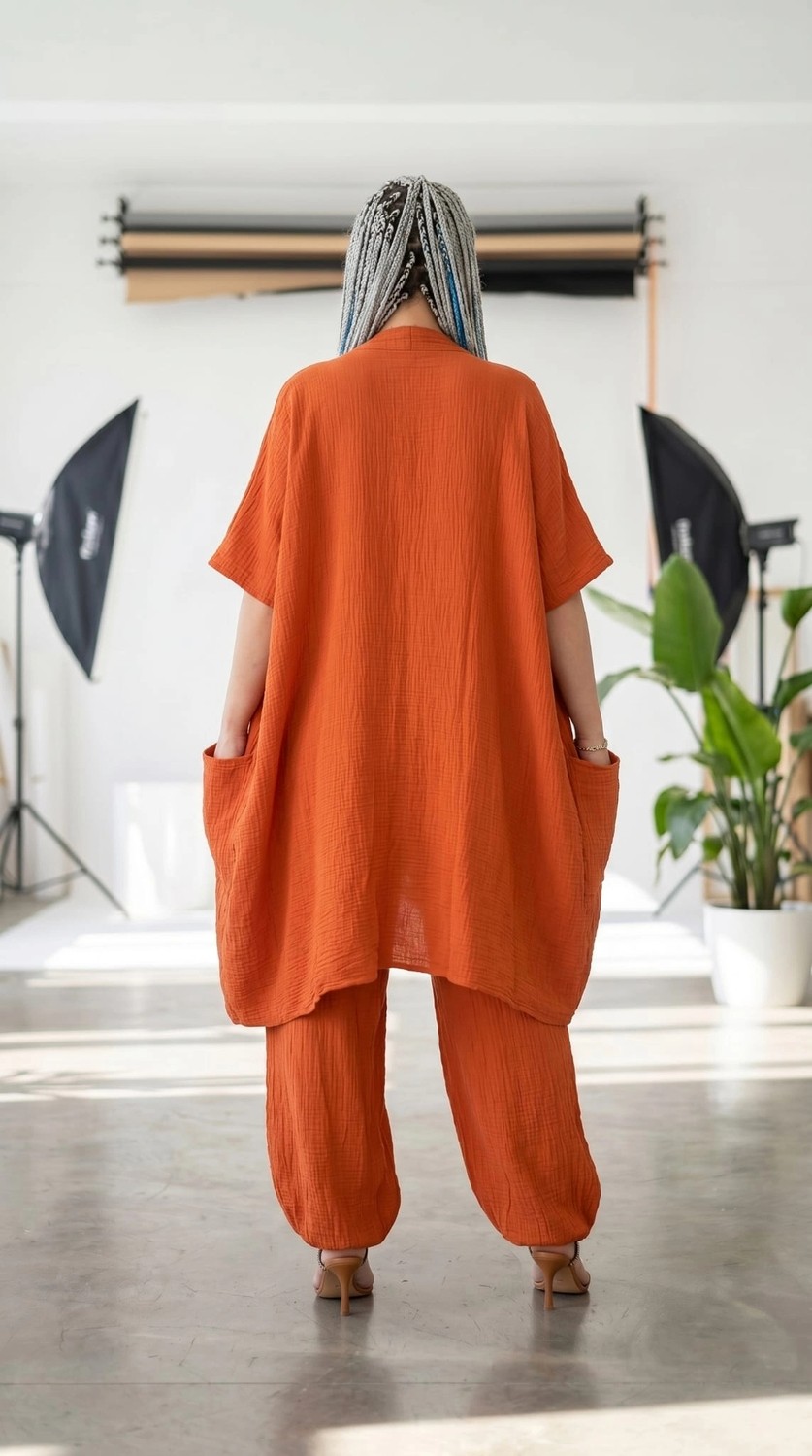 Byemelika %100 Pamuk, Bürümcük, Lastik Detay, Bohem Lidya Kaftan (Turuncu) görsel 2