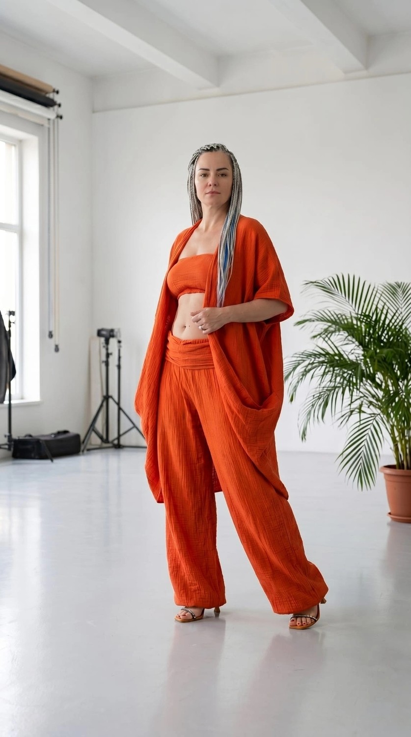 Byemelika %100 Pamuk, Bürümcük, Lastik Detay, Bohem Lidya Kaftan (Turuncu) görsel 4