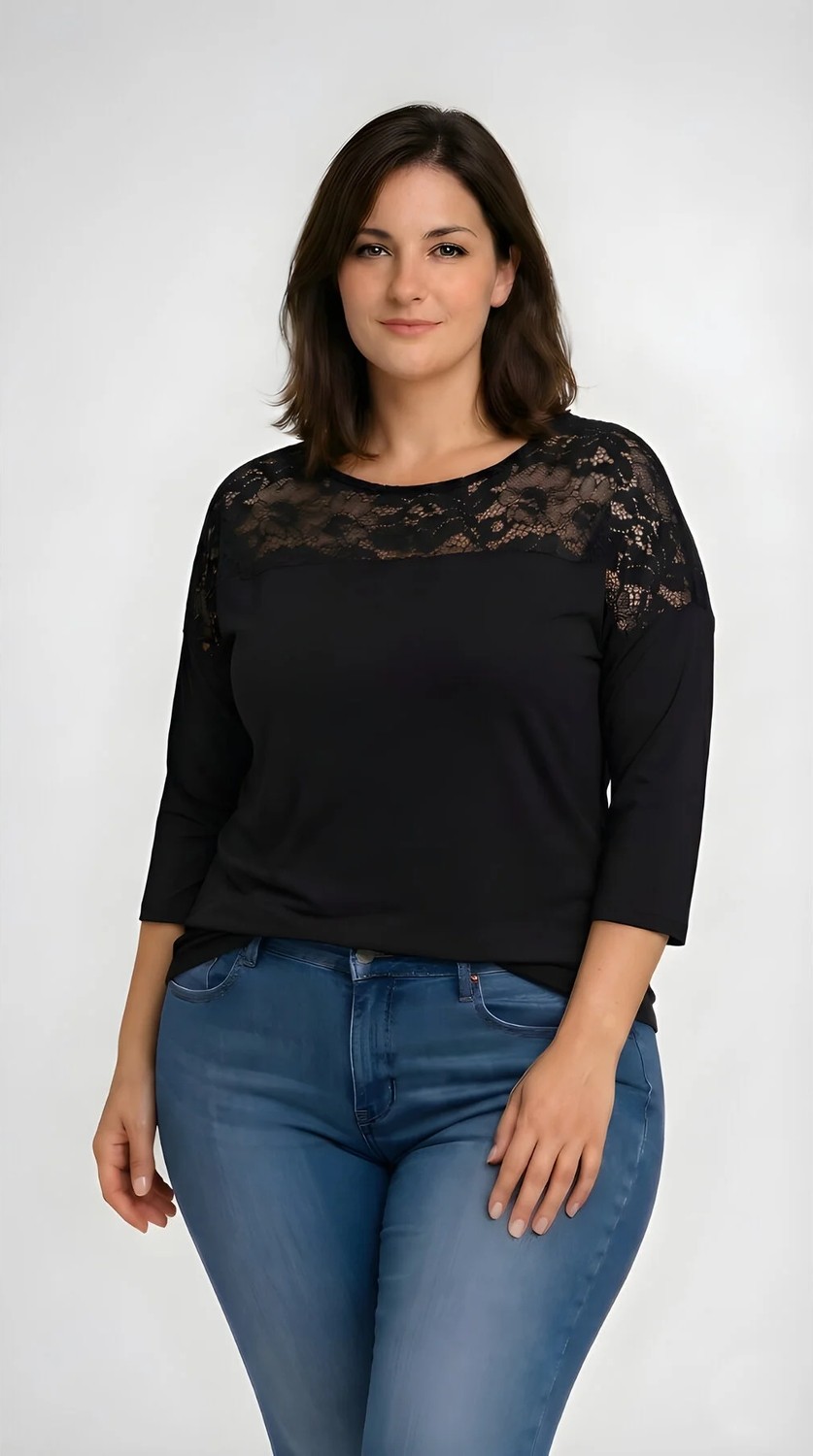 Curvy Trend Büyük Beden Yuvarlak Yaka Roba Dantel Truvakar Kol Bluz Siyah