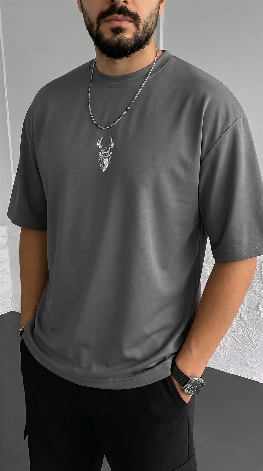 Millionaire Erkek Füme Geyik Baskılı Oversize Fit Bol Geniş Kalıp Salaş Kesim T-Shirt görsel 2