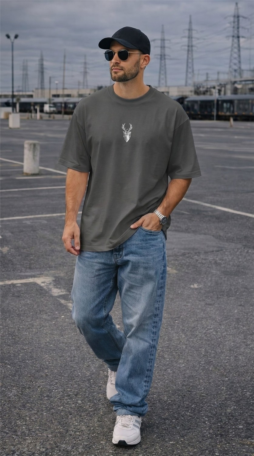 Millionaire Erkek Füme Geyik Baskılı Oversize Fit Bol Geniş Kalıp Salaş Kesim T-Shirt görsel 3
