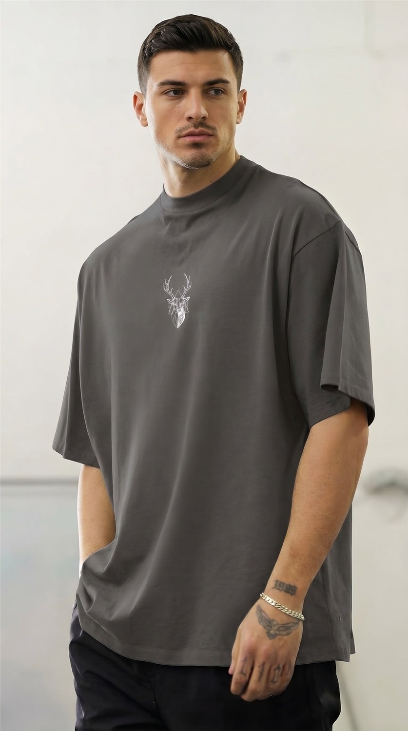 Millionaire Erkek Füme Geyik Baskılı Oversize Fit Bol Geniş Kalıp Salaş Kesim T-Shirt görsel 6