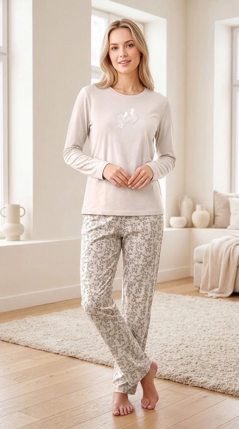 Flz Kadın Viskon Pijama Takımı Kışlık Uzun Kollu Bisiklet Yaka Desenli Rahat Pijama M L Xl Xxl 89-157 görsel 3