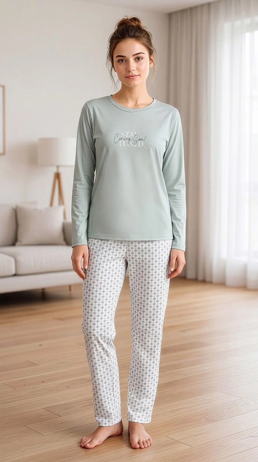 Flz Kadın Kışlık Viskon Pijama Takımı Uzun Kollu Bisiklet Yaka Desenli Pantolon M L Xl Xxl 89-160 görsel 4
