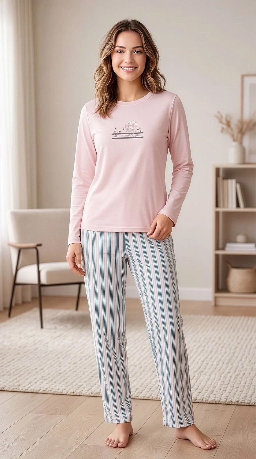 Flz Kadın Kışlık Viskon Pijama Takımı Uzun Kollu Çizgili Pantolon Rahat Kalıp M L Xl Xxl 89-162 görsel 3