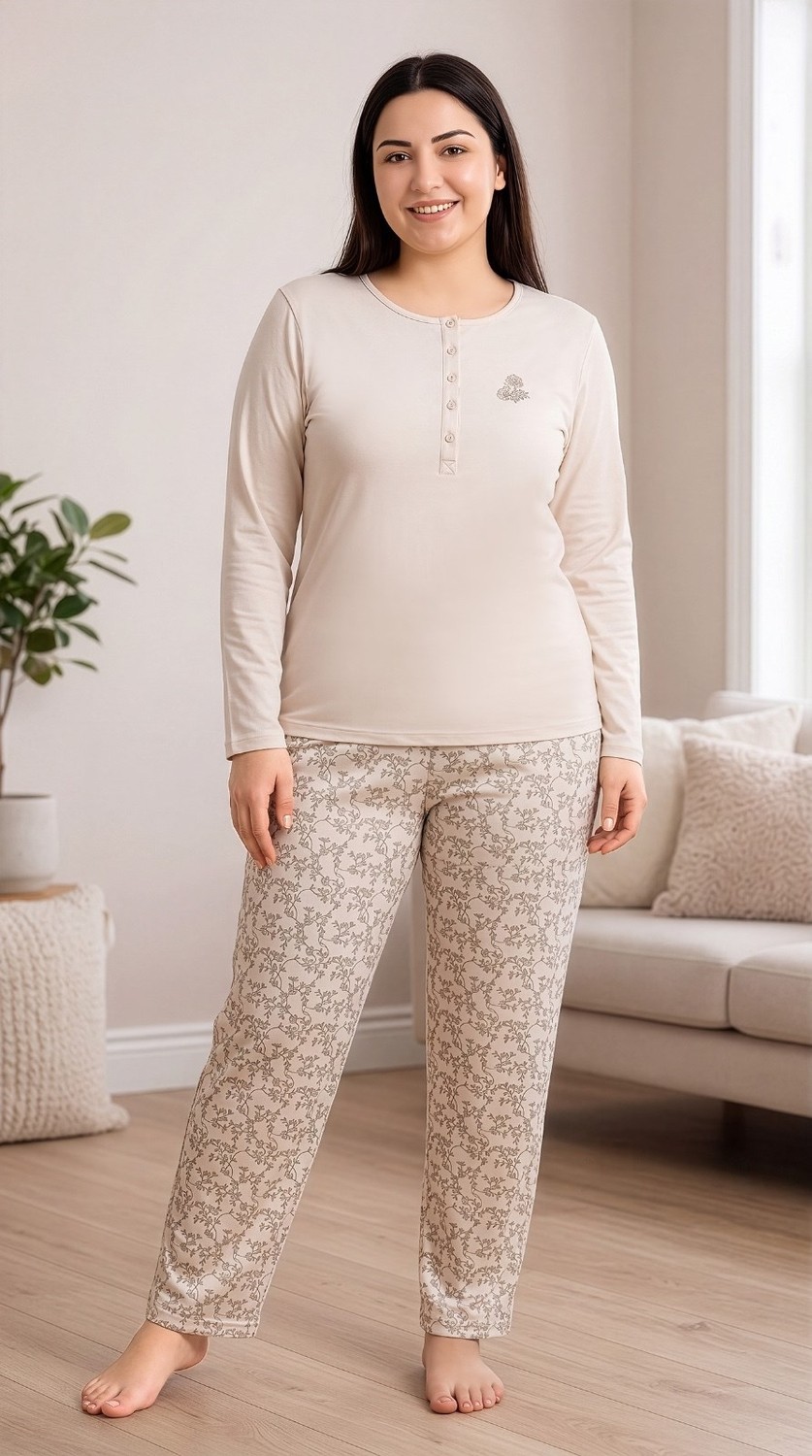 Flz Kadın Kışlık Viskon Pijama Takımı M L Xl Xxl | Uzun Kollu Boydan Düğmeli Şık Ev Giyimı B89-100 görsel 4