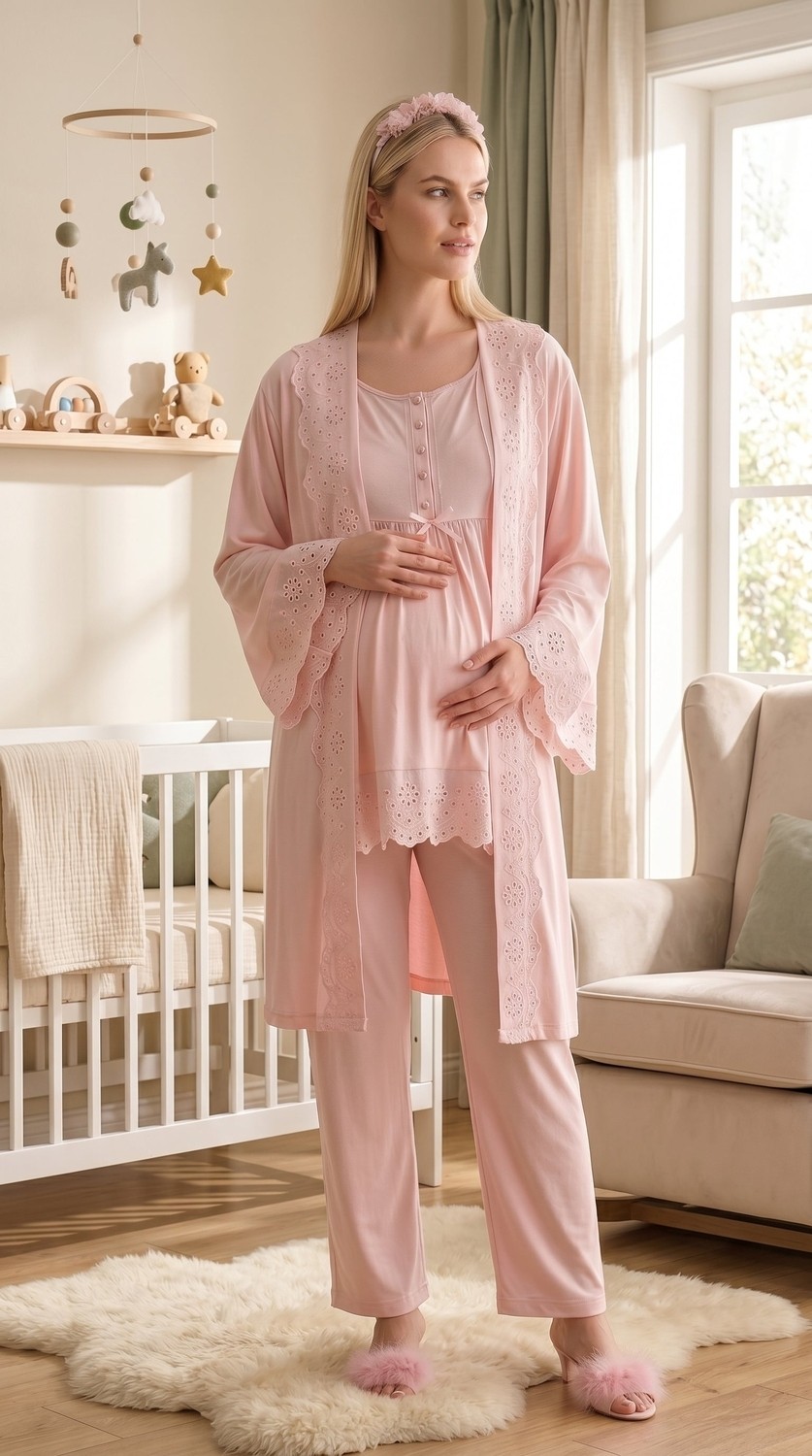 raia Yeni Sezon Ekru Fisto Keten Detaylı Yazlık Tasarım Düğmeli Kısa Kollu Hamile Lohusa Sabahlık Pijama Takımı Seti