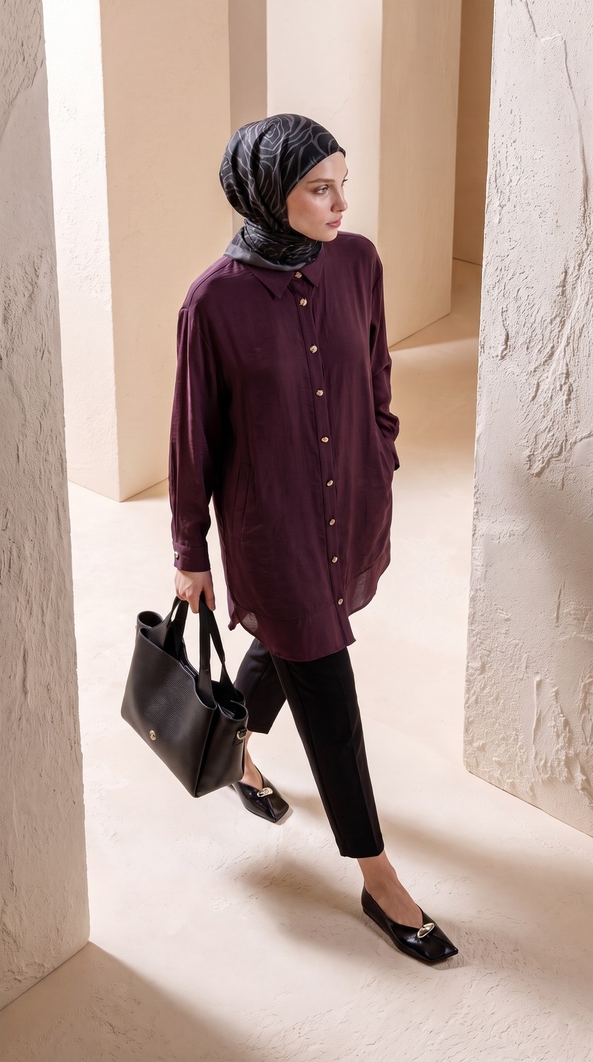 Armine Trend Gold Düğme Detaylı Klasik Yaka Uzun Tunik Rahat Kesim Şık Tesettür Tunik Modeli 89 cm Boy Bordo 26YT471 görsel 2
