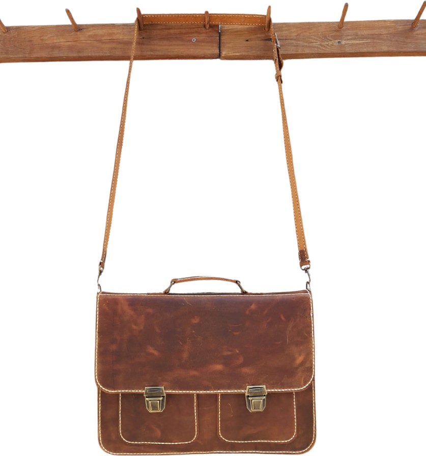 Semiramis Zeus Model Deri El Yapımı Unisex Kızıl Taba Çift Körüklü Vintage Evrak Çantası görsel 2