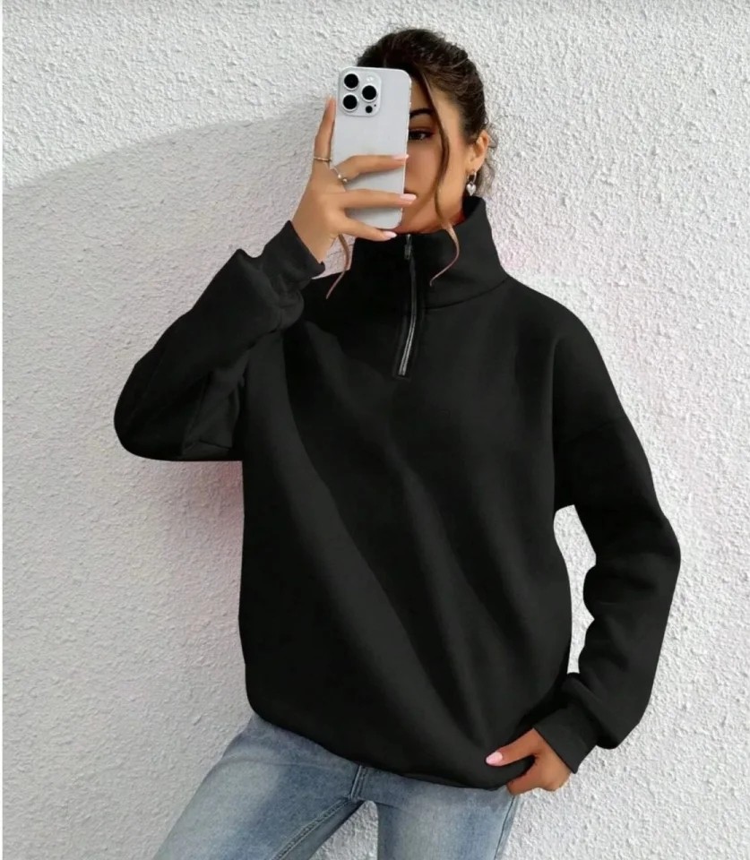 Unisex Uzun Kol Yarım Farmuarlı Yakalı Basic Sweatshirt - Siyah görsel 3