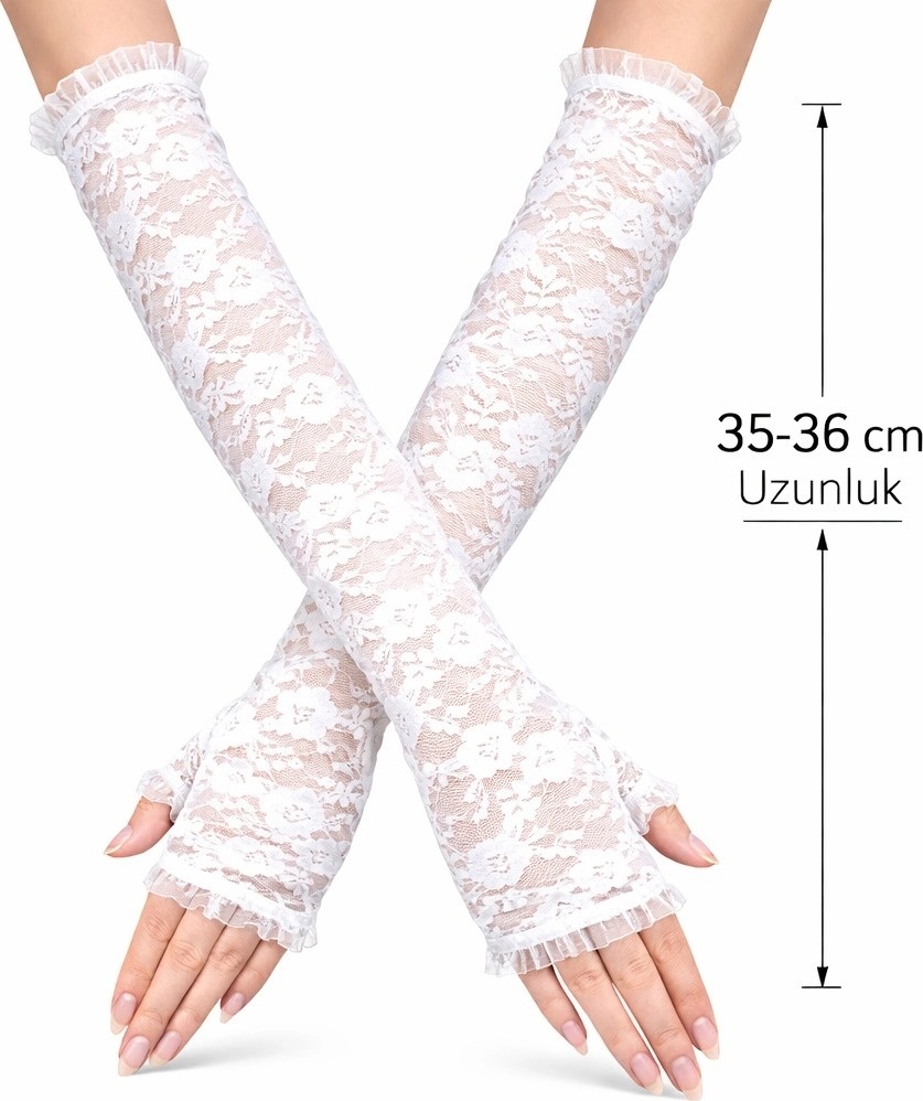 Dorasan Uzun Zarif Dantel Eldiven Parmaksız Beyaz 35 cm
