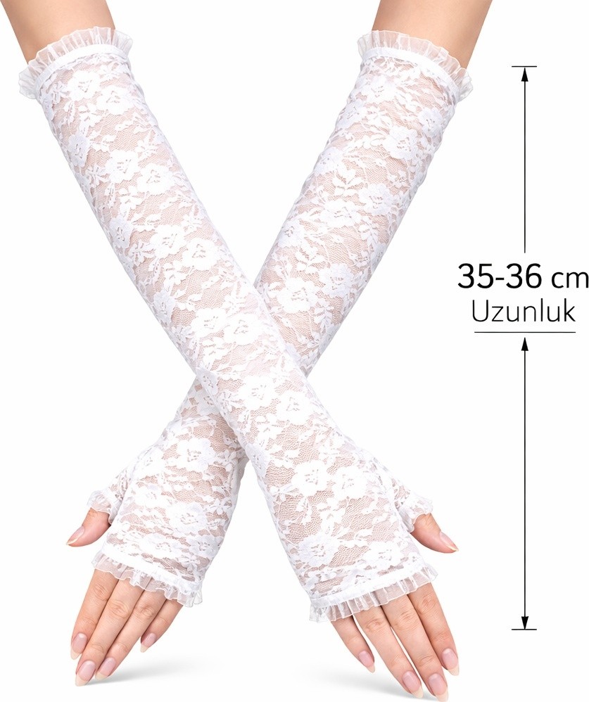 TeknoKapsül Uzun Zarif Dantel Eldiven Parmaksız Beyaz 35 cm (5643)